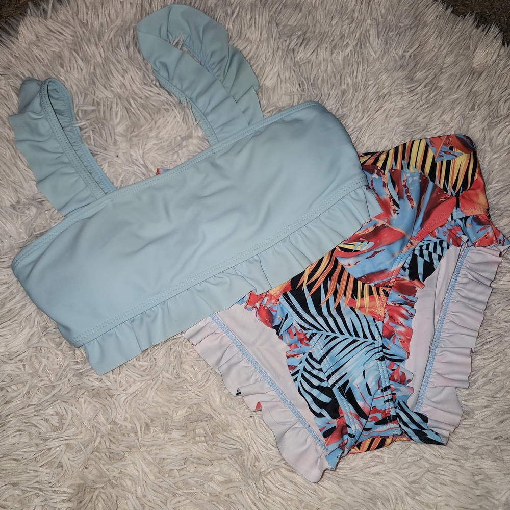 SHEIN Sky Blue and Tropical Print Kids Bikini